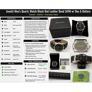 Zovatti Men's Quartz Watch Black Dial Leather Band 3ATM w/ Box & Battery